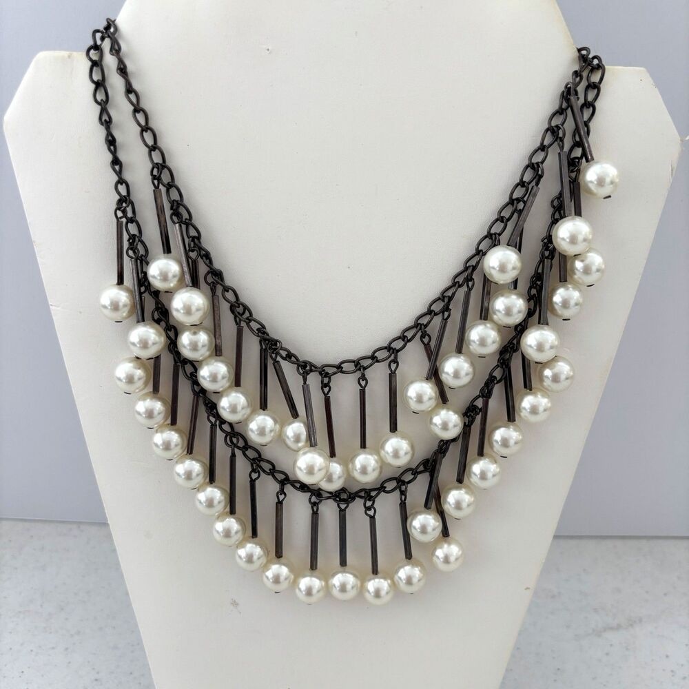 Womens Faux Pearl Grunge Bib Necklace Gothic Fringe Collar Costume Statement